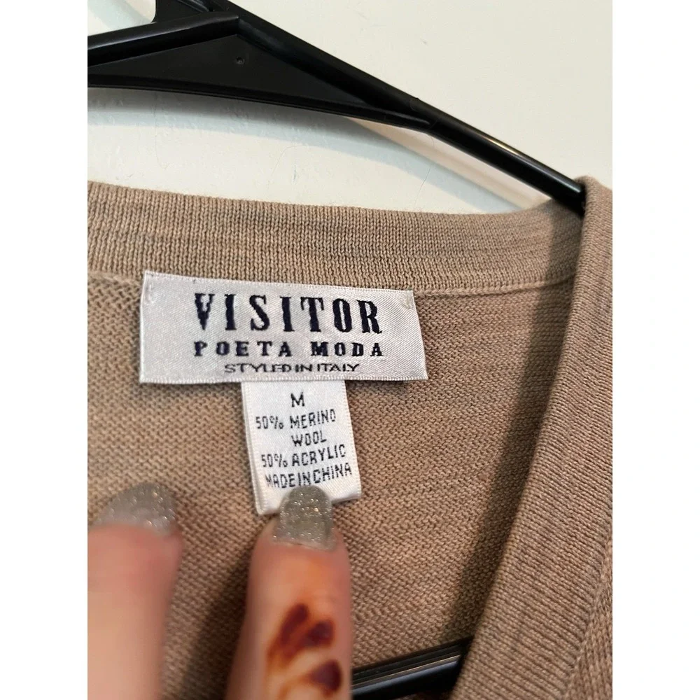 Poeta Moda Vintage sweater vest merino‎ wool blend Beige V Neck Chevron Knit Med